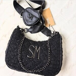 Steve Madden Tamela Heart Shoulder Bag Purse Black Tweed Chain NWT